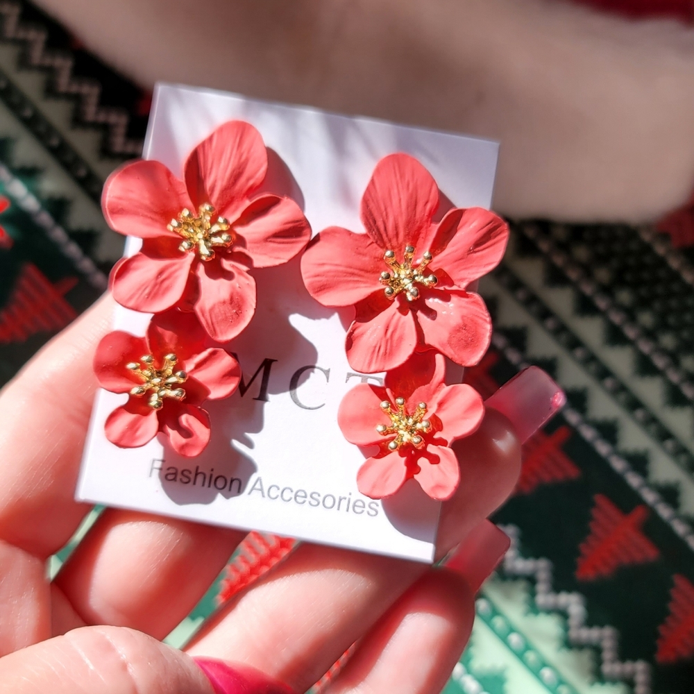Just In Time For Holidays, Ceramic Hibiscus Dangle Earrings
